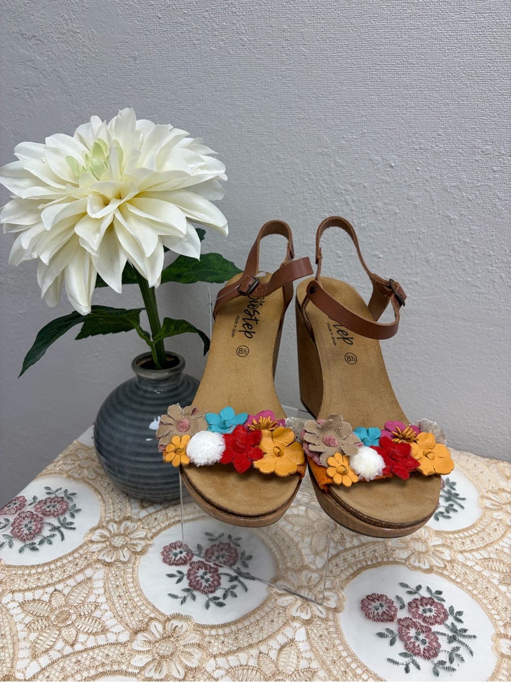 Bio-Step Boho Floral Brown Wedge Sandals